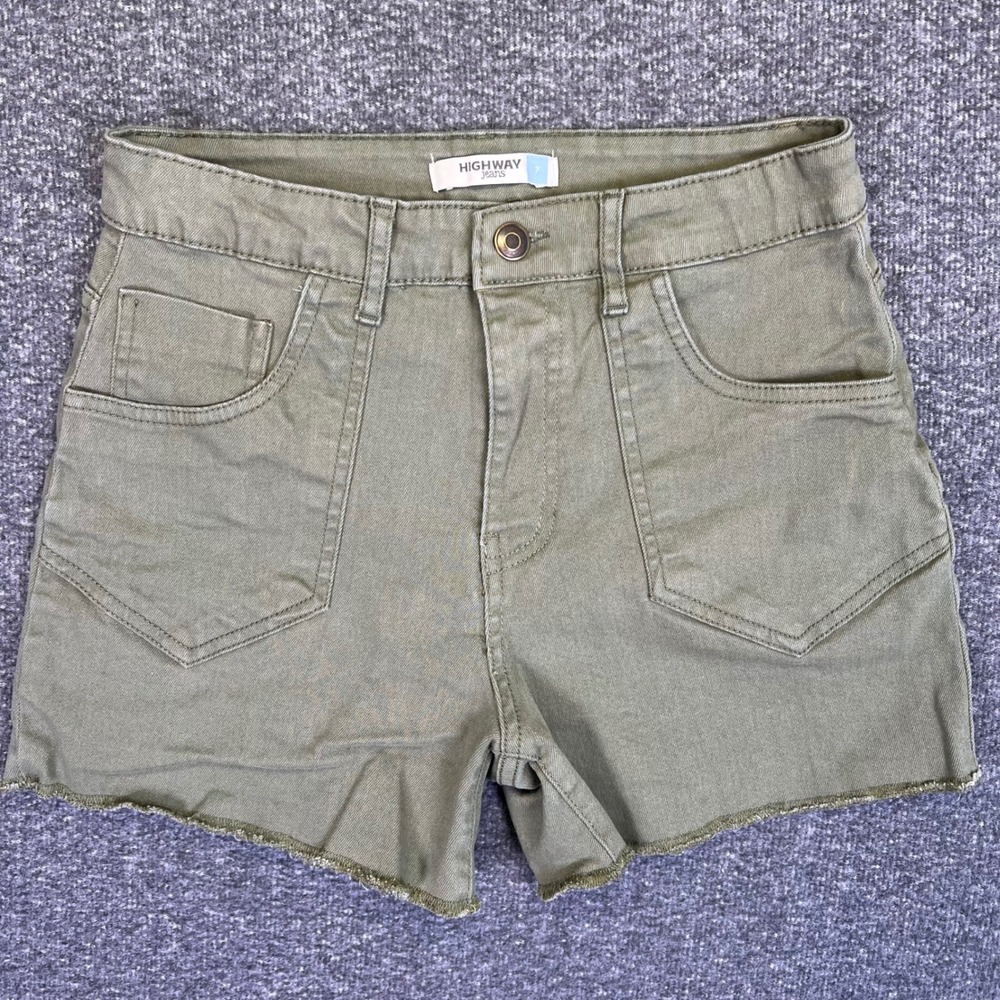 Highway Shorts Women 7 Olive Khaki Grunge High Rise Raw Hem Stretch Denim 26x3.5